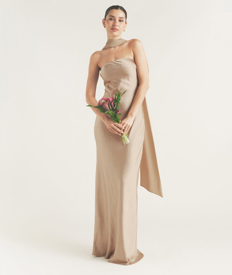 Bandeau Satin Bridesmaid Dress with Chiffon Neck Scarf