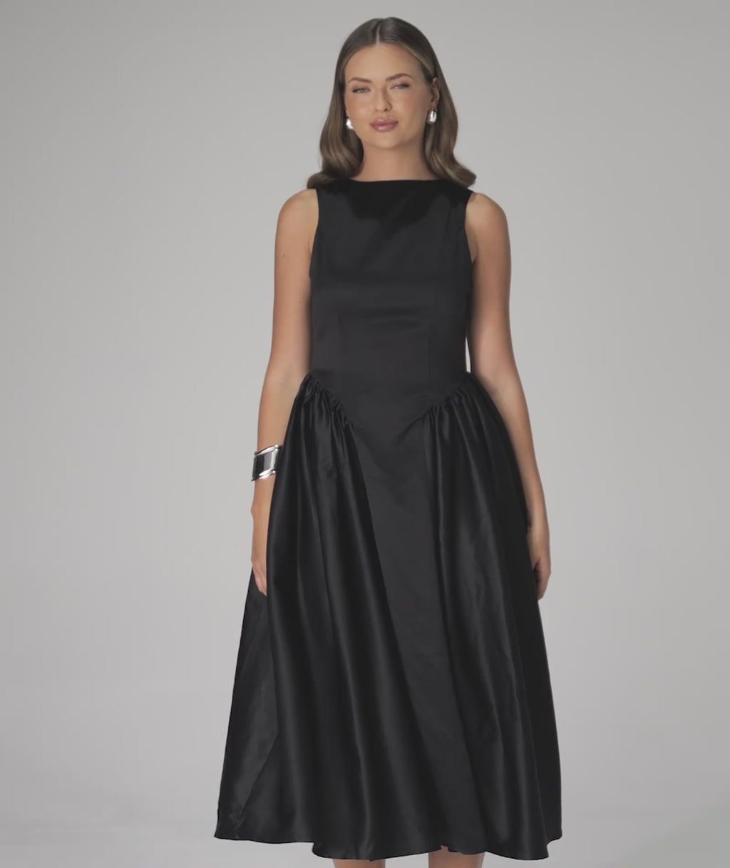 Audrey Drop Waist Midi Dress with Volume Skirt - Black
