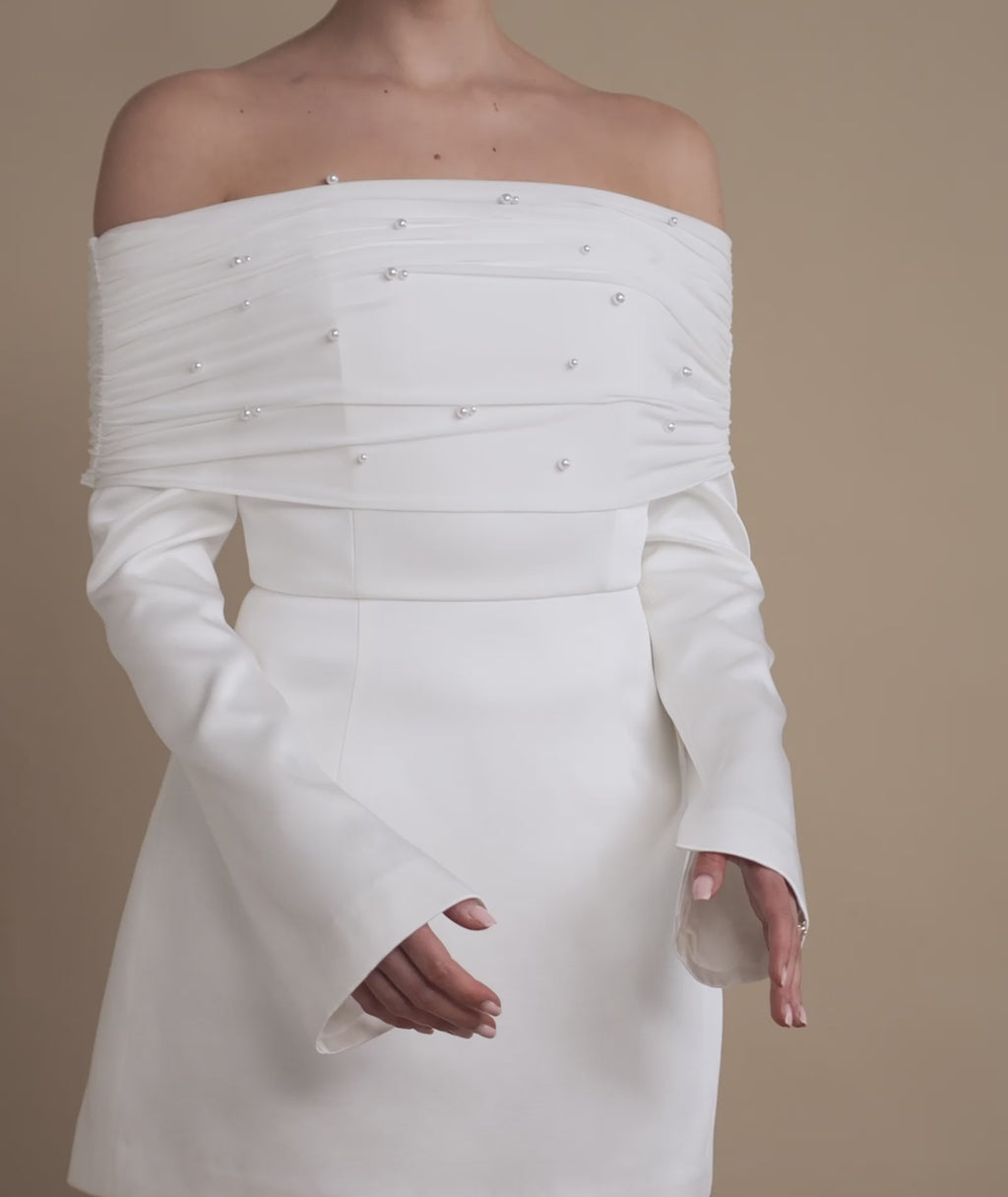 Petite Pearl Trim Bardot Mini Dress - White